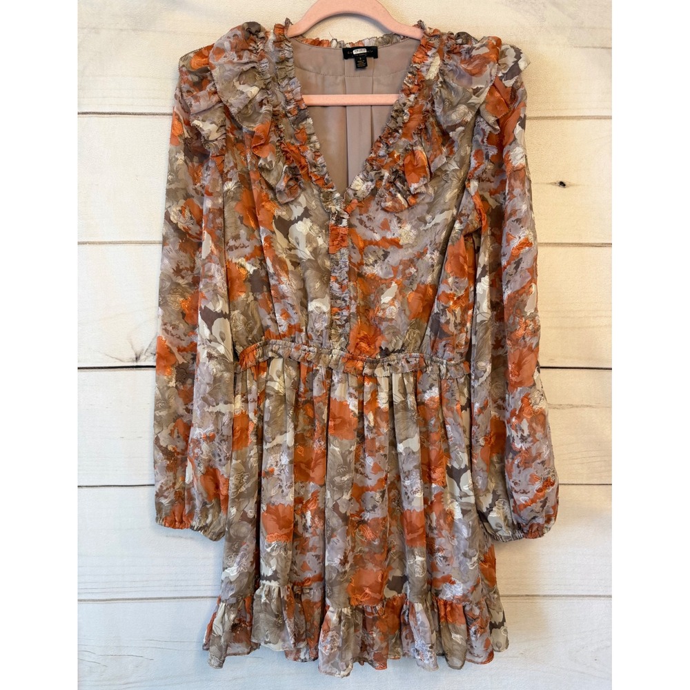 Current Air Orange Floral Ruffle V-Neck Mini Dress Small Metallic Boho
